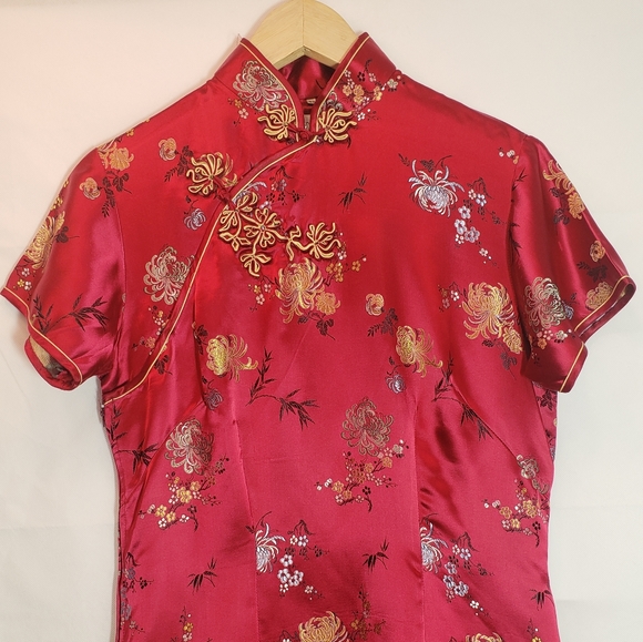 Red Silk dress fitted kimono side slits 38 large - Picture 3 of 8